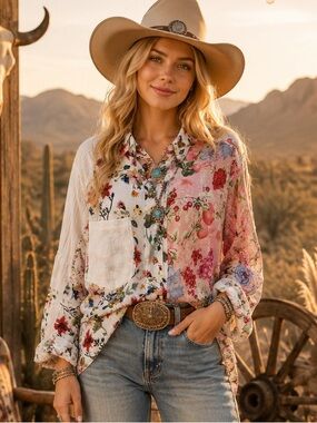 POL M Floral Patchwork Button-Up Shirt - Pink Multi